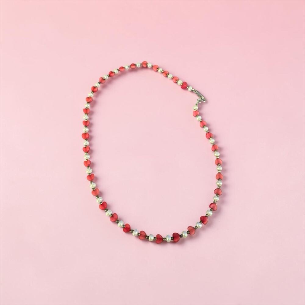 Red Onyx Hearts Pearls Sterling Silver Beads Necklace 18”
